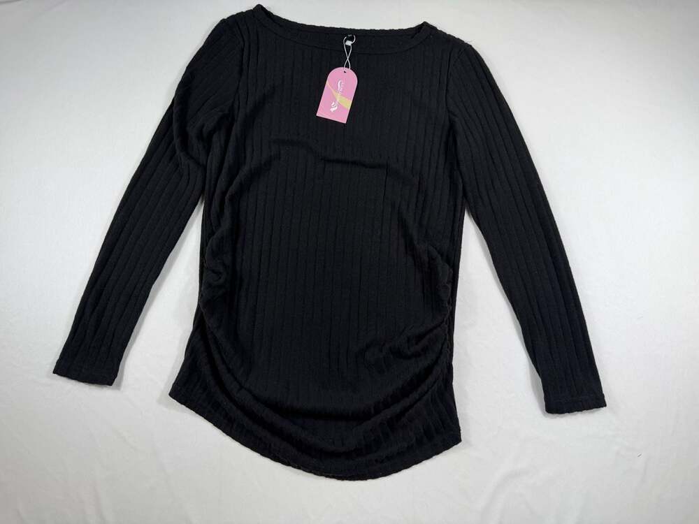 Sweetyweee Ribbed Long Sleeve Maternity Top with Ruched Sides, Black, Size M
